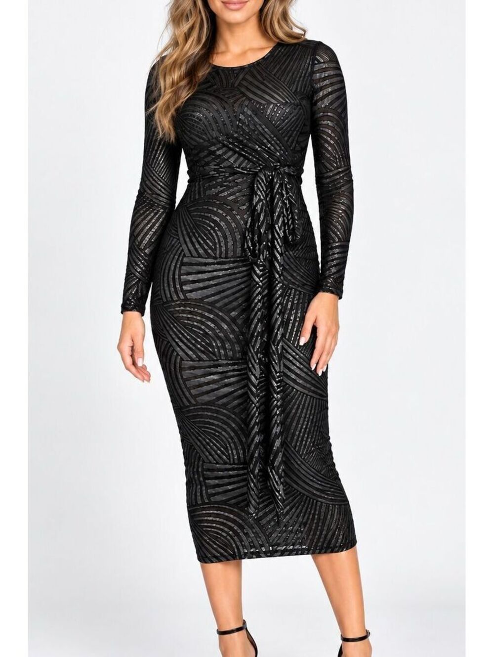 Touch Dolls Black Abstract Ruched Midi Dress Long Sleeve Bodycon Cocktail NWT